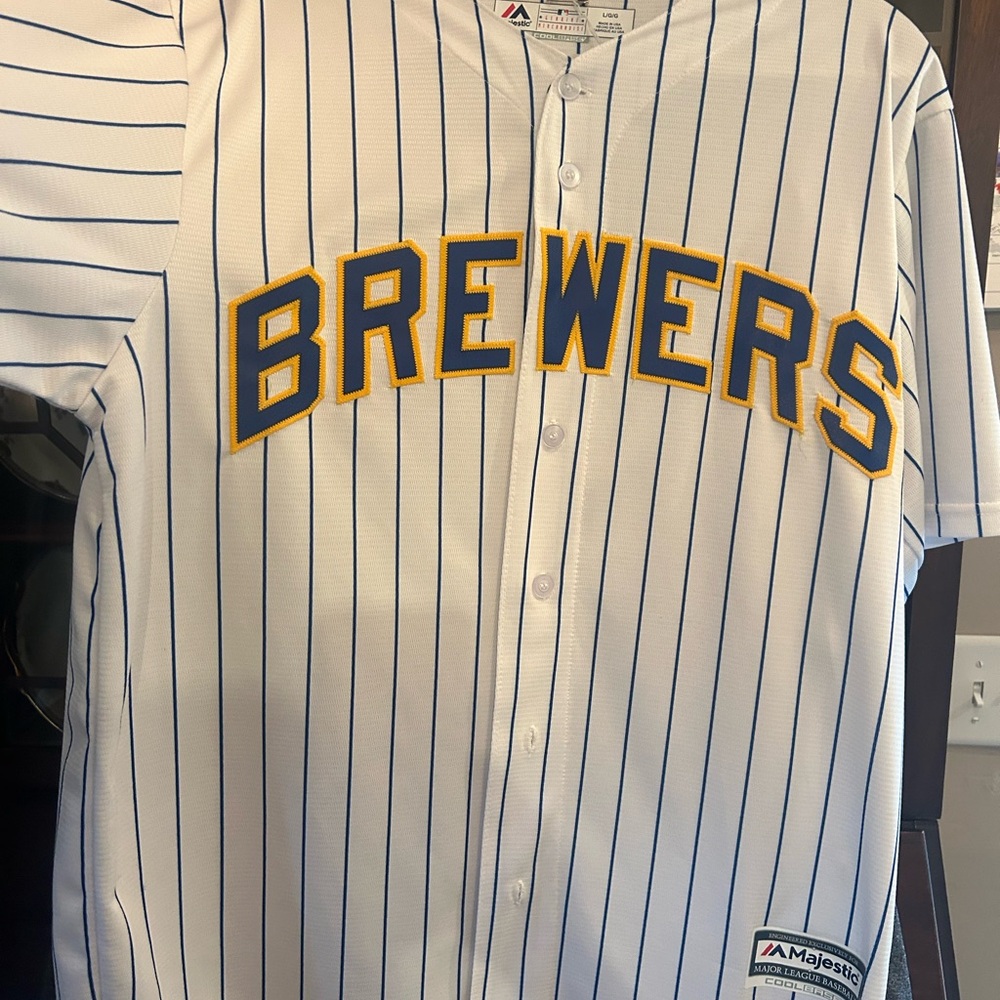 Majestic Brewers White and Blue Pinstripe Jersey